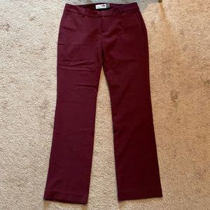 Maroon colored straight leg work slacks